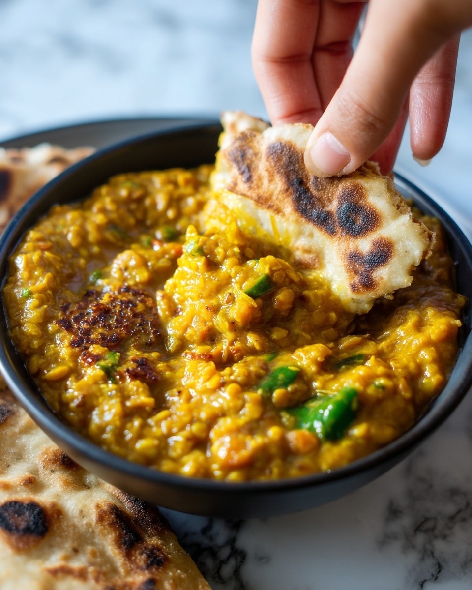 A close-up of a piece of browned flatbread being held by a woman's hand dipping into a thick, yellow-orange lentil curry in a black bowl, with visible green herbs like cilantro and green chili mixed in the curry. The flatbread has a toasted, slightly crispy texture with dark brown spots, contrasting with the creamy, chunky texture of the lentil curry. The background has a white marbled texture. photo taken with an iphone --ar 4:5 --v 7