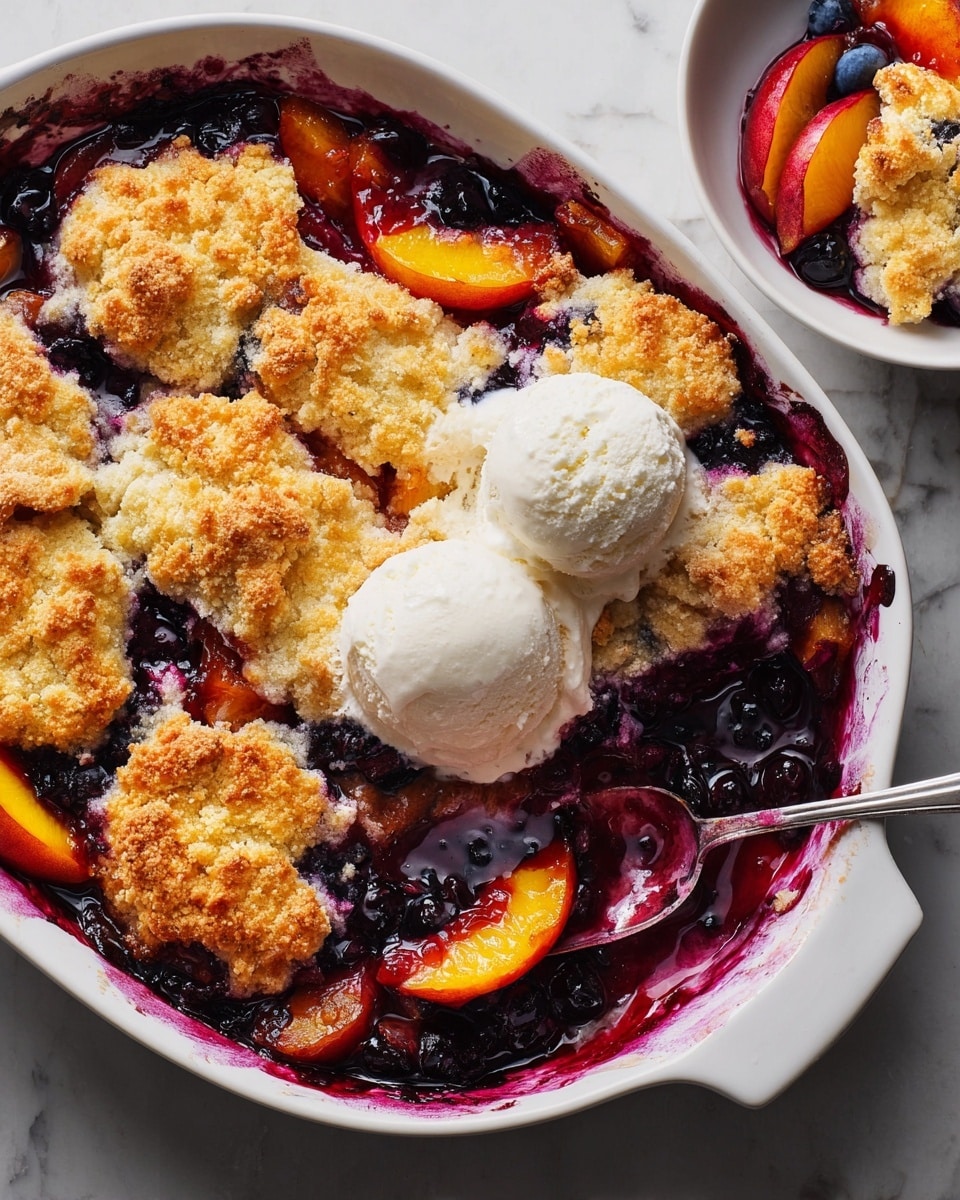 A close-up view of a fruit cobbler with a golden brown biscuit topping spread unevenly in clusters over the juicy fruit filling underneath. The filling layer shows bright yellow peach slices and dark blue blueberries, with some deep red-purple berry juice bubbling around the edges. The biscuit topping layer has a rough, crumbly texture with some sugar crystals glistening on the surface. The whole dish rests on a white marbled surface. photo taken with an iphone --ar 4:5 --v 7