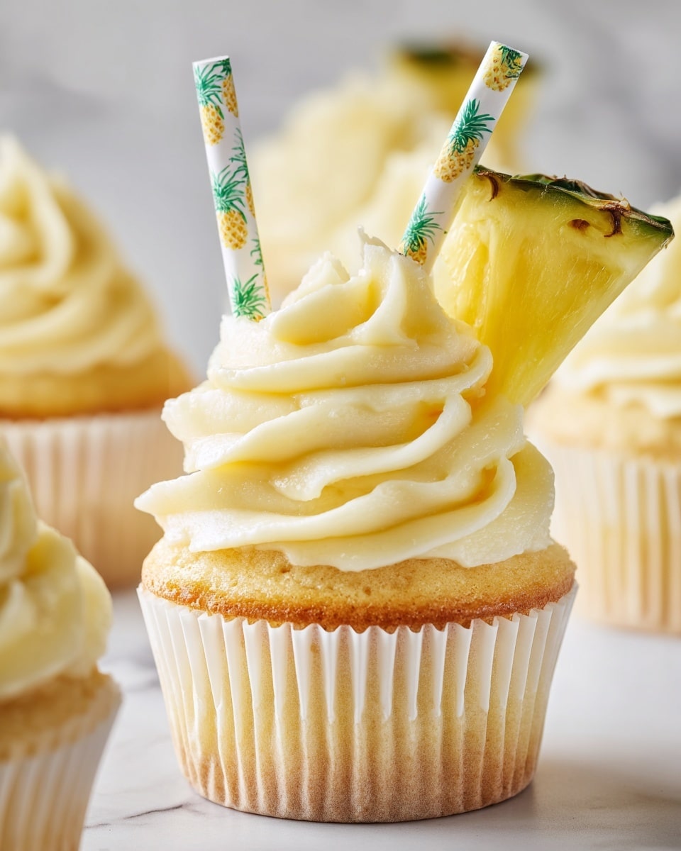 A single cupcake is shown with two main layers: the bottom layer is a golden yellow cake base wrapped in a white paper liner with ridges, and the top layer is a creamy, light yellow frosting swirled in soft peaks, sitting generously on the cake. On the right side of the cupcake, a fresh pineapple wedge with green skin and yellow flesh is inserted upright into the frosting, next to a white paper straw decorated with small pineapples. The background shows blurred similar cupcakes on a white marbled surface. photo taken with an iphone --ar 4:5 --v 7