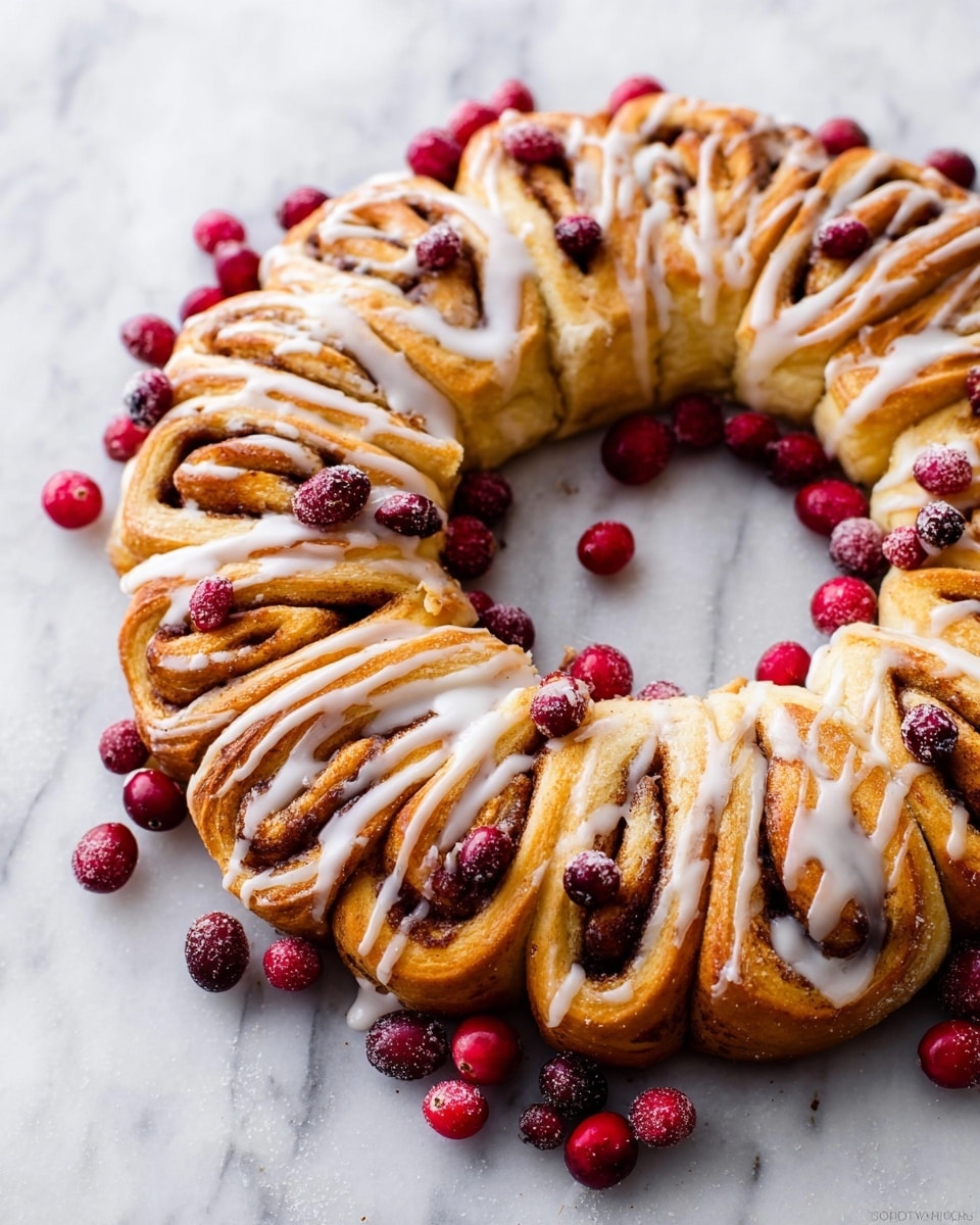 A round wreath made of about 18 cinnamon roll slices arranged in a circle on a white marbled surface, each slice showing 3-4 visible golden-brown spiral layers with dark brown cinnamon filling. The flaky outer layers are glazed with white icing drizzled over the top, and scattered fresh red cranberries are placed both on and around the wreath, adding bright color contrast. The wreath's inner space is empty, emphasizing the ring shape. Photo taken with an iphone --ar 4:5 --v 7