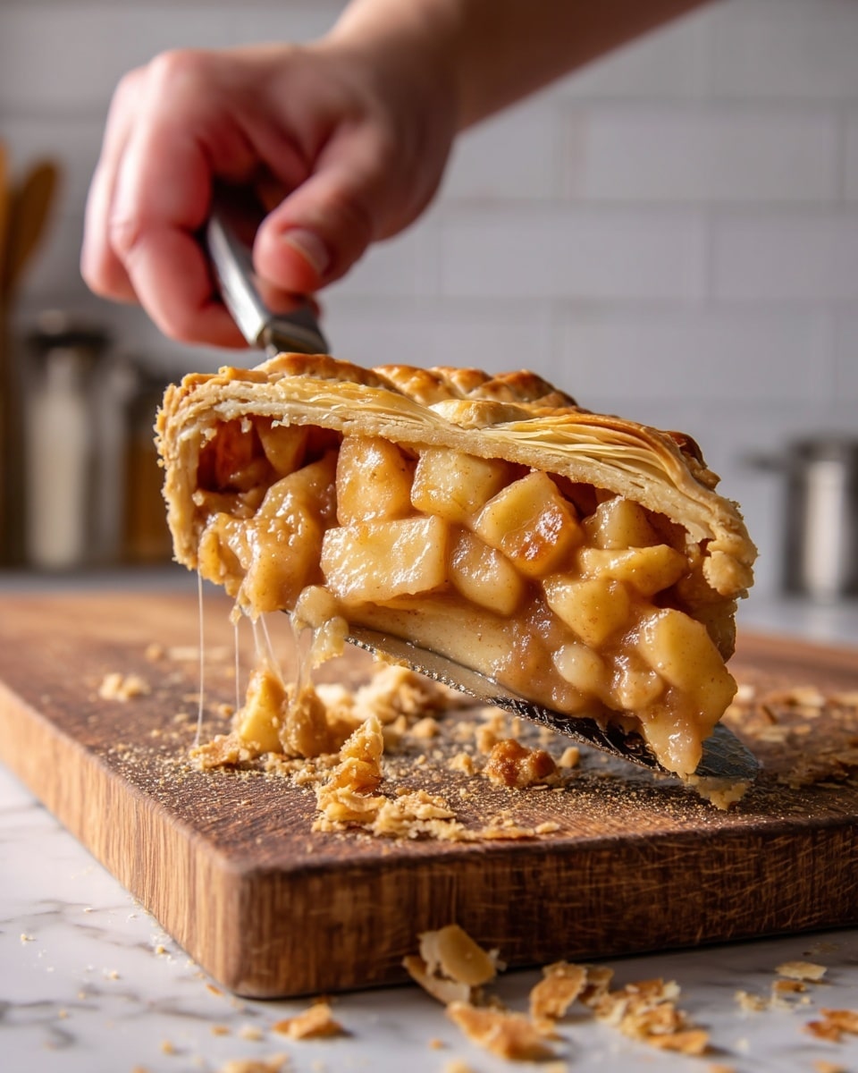 A slice of apple pie is shown on a spatula held by a person's right hand. The pie has two main layers: the top layer is golden brown, flaky pastry with a shiny texture and a braided pattern, while the bottom layer is filled with chunky, caramel-glazed apple pieces that look soft and juicy. The pie sits on a rough wooden cutting board covered with scattered flaky crumbs. The background includes kitchen elements in soft focus with a white marbled texture surface underneath. photo taken with an iphone --ar 4:5 --v 7
