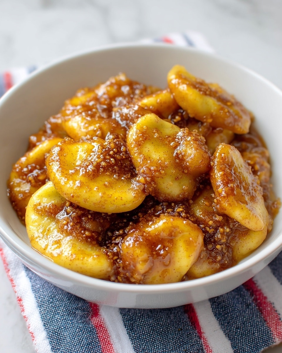 A close-up of a white bowl filled with multiple small, half-moon shaped dumplings covered in a glossy, golden-brown sauce speckled with cinnamon and sugar clumps; the dumplings have a slightly uneven, doughy texture with some parts shining more due to the sauce; the bowl sits on a soft striped cloth below, set on a white marbled surface. photo taken with an iphone --ar 4:5 --v 7