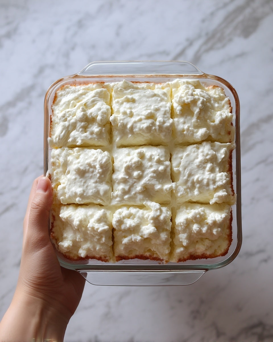 The image shows a clear glass dish filled with a dessert that has a thick, creamy white top layer divided into nine square portions. The creamy layer is textured with small lumps and looks smooth yet slightly uneven in some areas. The dish is held by a woman's hand at the bottom corner, and the background is changed to a white marbled surface. photo taken with an iphone --ar 4:5 --v 7