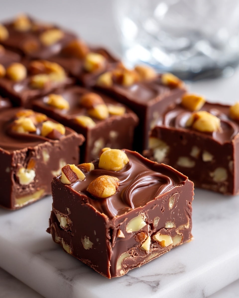 The image shows a chocolate fudge bar cut into square pieces, arranged in a grid with one piece placed on top of another in the foreground. The fudge has a smooth, shiny dark brown top layer with soft swirls and a rougher texture inside, filled with visible chunks of nuts in light tan and brown colors. The pieces have clean, straight edges and the nuts are scattered unevenly inside, giving a chunky look. The entire fudge sits on a white marbled surface, and a clear glass is slightly visible in the background. photo taken with an iphone --ar 4:5 --v 7