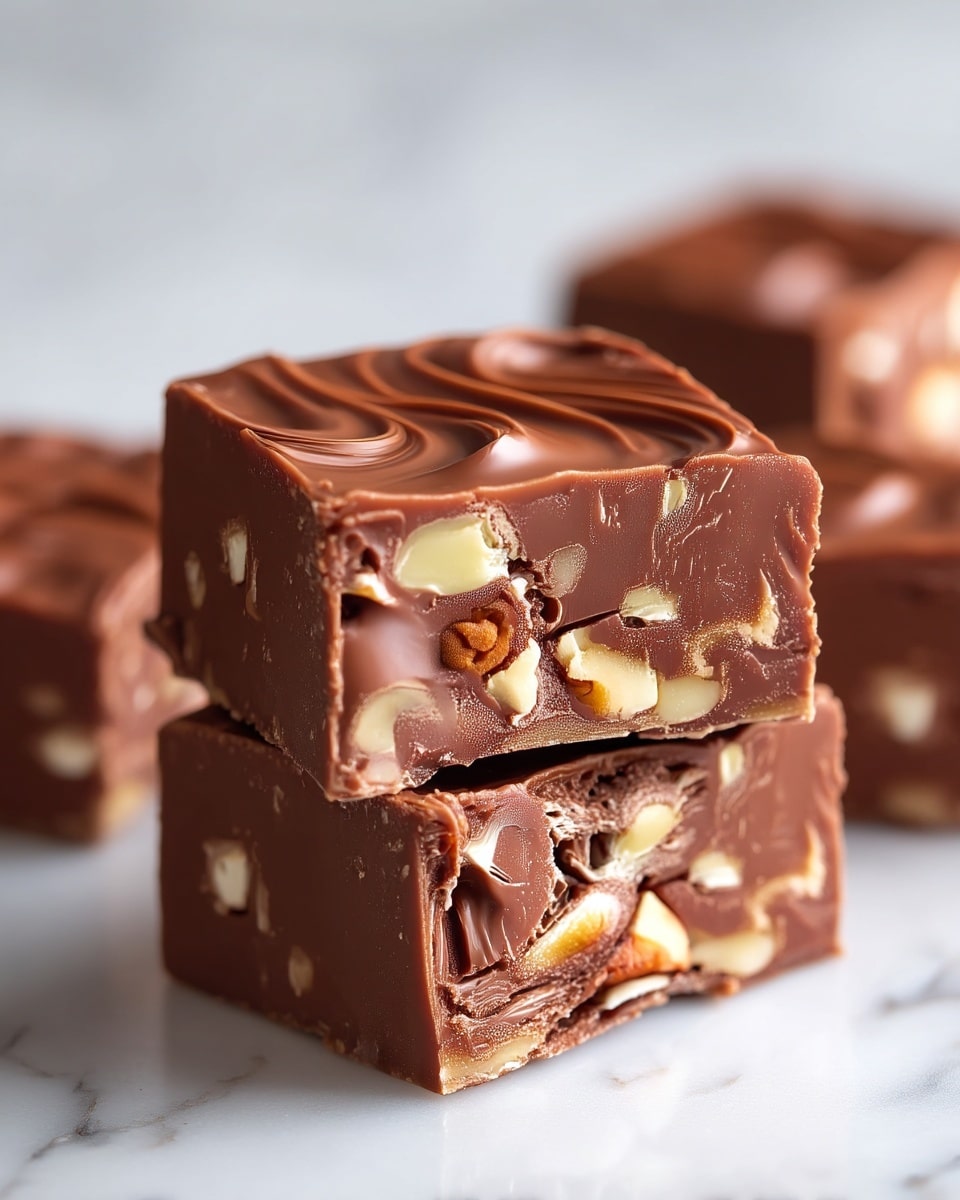A close-up of a thick chocolate fudge bar cut into neat square pieces, with two pieces stacked in front showing a rich, smooth chocolate exterior with swirled patterns on top; inside, the fudge is dense and filled with mixed nut chunks in light brown and beige tones, adding texture to the deep brown chocolate. The bar is placed on a white marbled surface. photo taken with an iphone --ar 4:5 --v 7