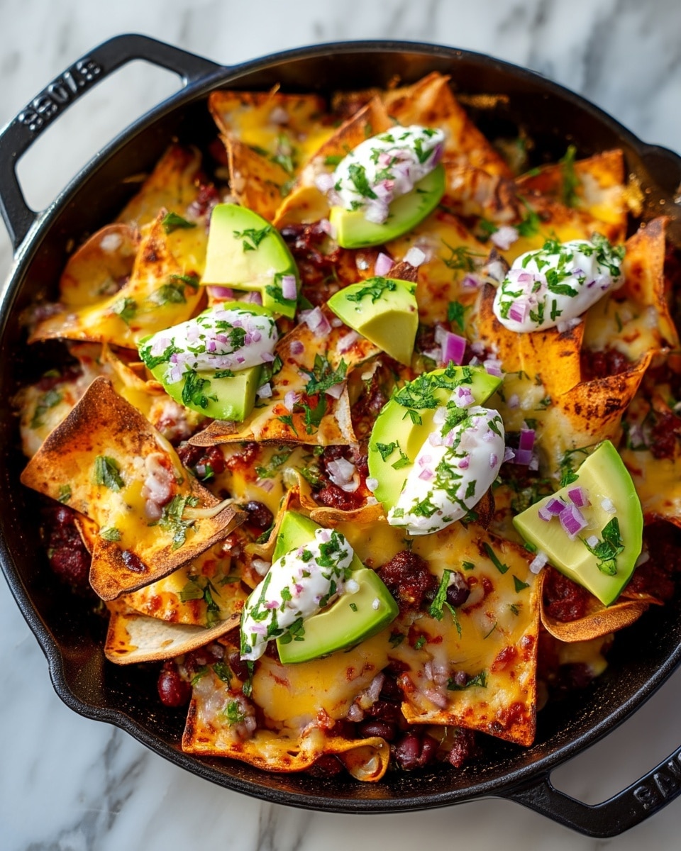 A round black skillet filled with multiple folded crispy brown tortilla chips layered over melted yellow cheese and dark red beans. On top, there are light green slices of avocado, white dollops of sour cream, and scattered small pieces of purple onion and green chopped herbs. The skillet is placed on a white marbled surface. Photo taken with an iphone --ar 4:5 --v 7