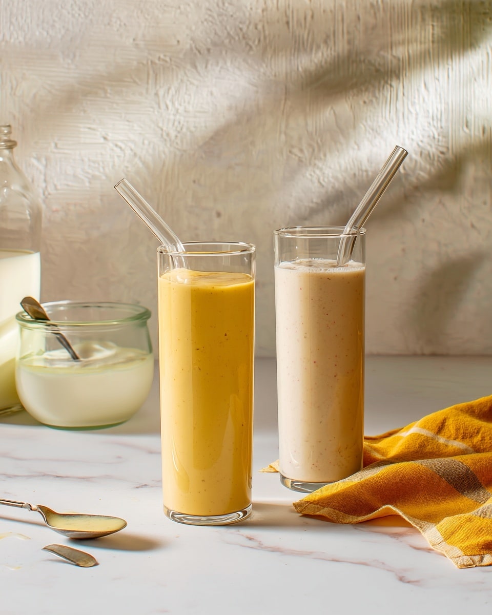 Two tall clear glasses stand side by side on a white marbled surface, each filled with a creamy layered drink. The left glass contains a smooth, thick mango yellow layer filling the glass, while the right glass holds a lighter beige creamy mixture with tiny brown specks. Both glasses have clear glass straws placed inside. To the left of the glasses is a small white jar with a spoon resting inside, and behind it, a glass bottle with white liquid. A silver spoon with some yellow creamy residue lies in front of the yellow drink. On the right side of the image, a soft yellow cloth with a checkered pattern rests on the white marbled surface. The background is a subtle, textured neutral wall. photo taken with an iphone --ar 4:5 --v 7