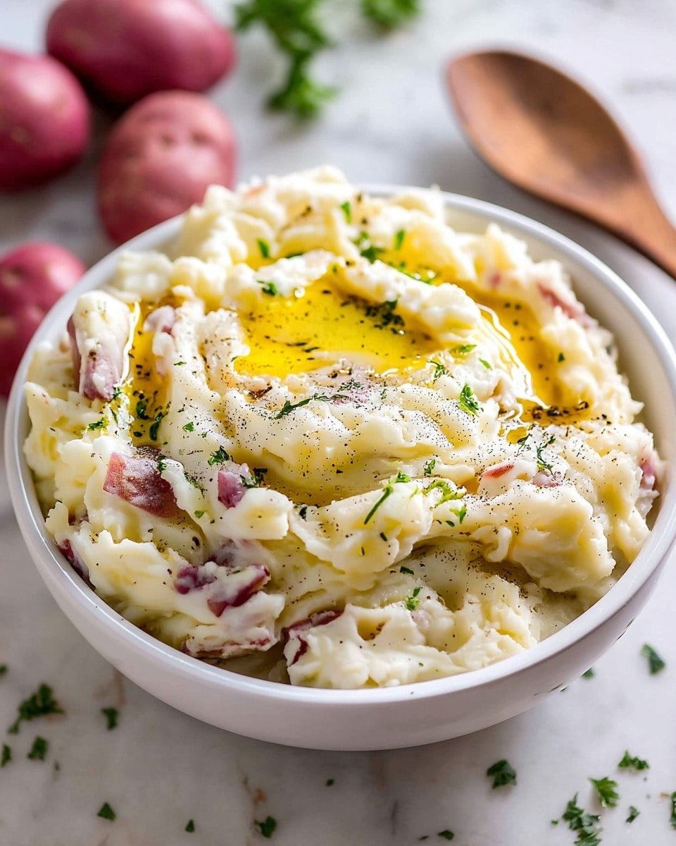 A white bowl filled with creamy mashed potatoes that have small chunks of red potato skin mixed throughout, giving it a textured look. The potatoes are swirled in the bowl with a pool of melted yellow butter sitting in the center, sprinkled with black pepper and green parsley flakes on top. The bowl sits on a white marbled surface with some whole red potatoes and greenery blurred in the background, and a wooden spoon placed beside the bowl. photo taken with an iphone --ar 4:5 --v 7
