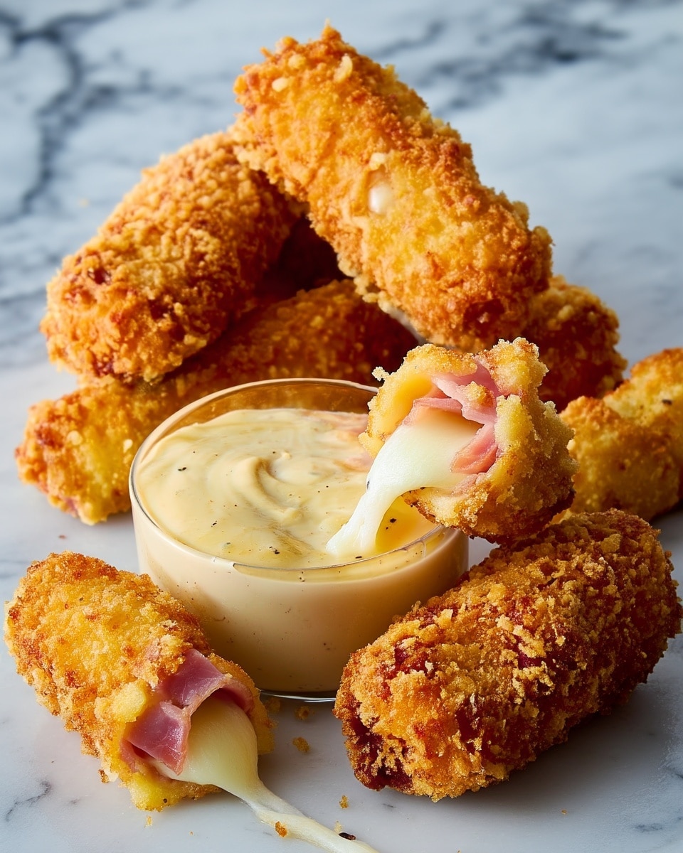 The image shows several golden brown, crispy croquettes with a rough, crunchy outside layer all around a small clear glass bowl filled with a creamy light yellow sauce with some small dark specks. One croquette is broken open in the center, showing layers inside with smooth, melted white cheese stretched out beside soft pink ham, all coated with the crunchy golden crust. The croquettes are placed on a white marbled surface. Photo taken with an iphone --ar 4:5 --v 7