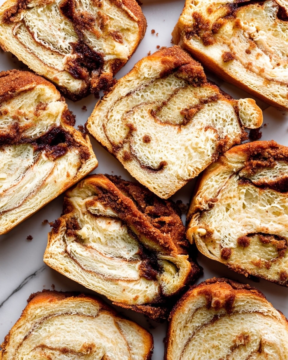The image shows several slices of cinnamon swirl bread closely placed next to each other on a white marbled surface. Each slice reveals multiple layers of soft, light golden bread intertwined with thick, dark brown cinnamon sugar swirls that have a slightly crumbly texture on top. The bread layers are fluffy with a porous texture, and the cinnamon layer is uneven, creating rich contrast and giving a twisted, marbled look in every slice. The edges of the bread are slightly toasted to a deeper golden brown. Photo taken with an iphone --ar 4:5 --v 7