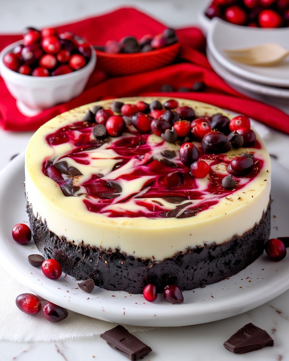 The image shows a three-layered round cheesecake with a dark chocolate crumb base at the bottom, a thick smooth white cheesecake layer in the middle, and a top layer swirled with white and red berry sauce creating a marbled effect blending shades of red and creamy white. The top is sprinkled with fresh red cranberries and small dark chocolate chips. The cheesecake sits on a white plate, placed on a white marbled surface with scattered cranberries and chocolate pieces around it. The background includes a white bowl filled with cranberries resting on a red cloth. photo taken with an iphone --ar 4:5 --v 7