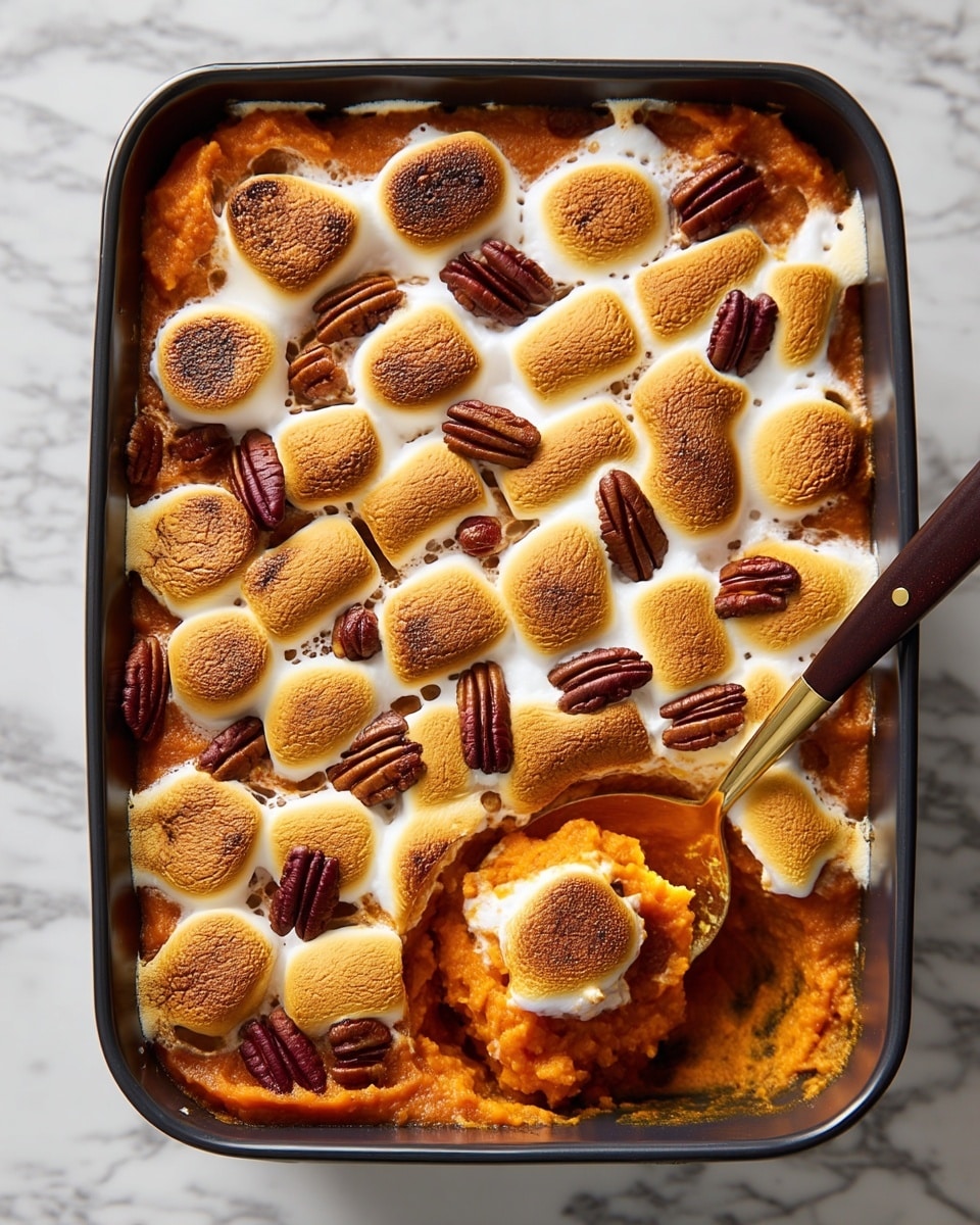 A close-up image shows a rectangular black baking dish filled with a soft, bright orange layer of mashed sweet potatoes as the base. On top, there is a layer of golden-brown toasted marshmallows, some melted and bubbly, arranged in a grid pattern, interspersed with dark brown pecan halves. A large golden spoon with a dark brown handle is scooping out part of the soft orange layer near the top right corner. The dish sits on a white marbled surface. Photo taken with an iphone --ar 4:5 --v 7