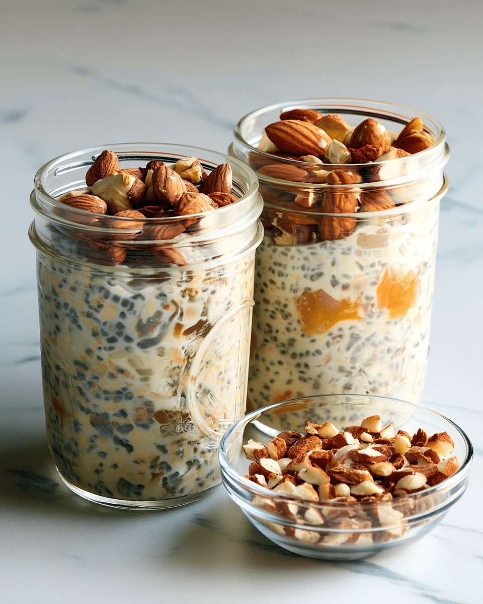 Two clear glass jars are filled with three layers of chia seed pudding mixed with milk and fruit pieces. The bottom two layers have a creamy white color speckled with dark chia seeds and bits of orange fruit, looking soft and slightly chunky. The top layer in each jar shows a dense topping of whole and chopped almonds in light to dark brown shades, giving a crunchy texture. Next to the jars, a small clear glass bowl holds some more whole and chopped almonds. The jars and bowl are placed on a white marbled surface under soft natural light. Photo taken with an iphone --ar 4:5 --v 7