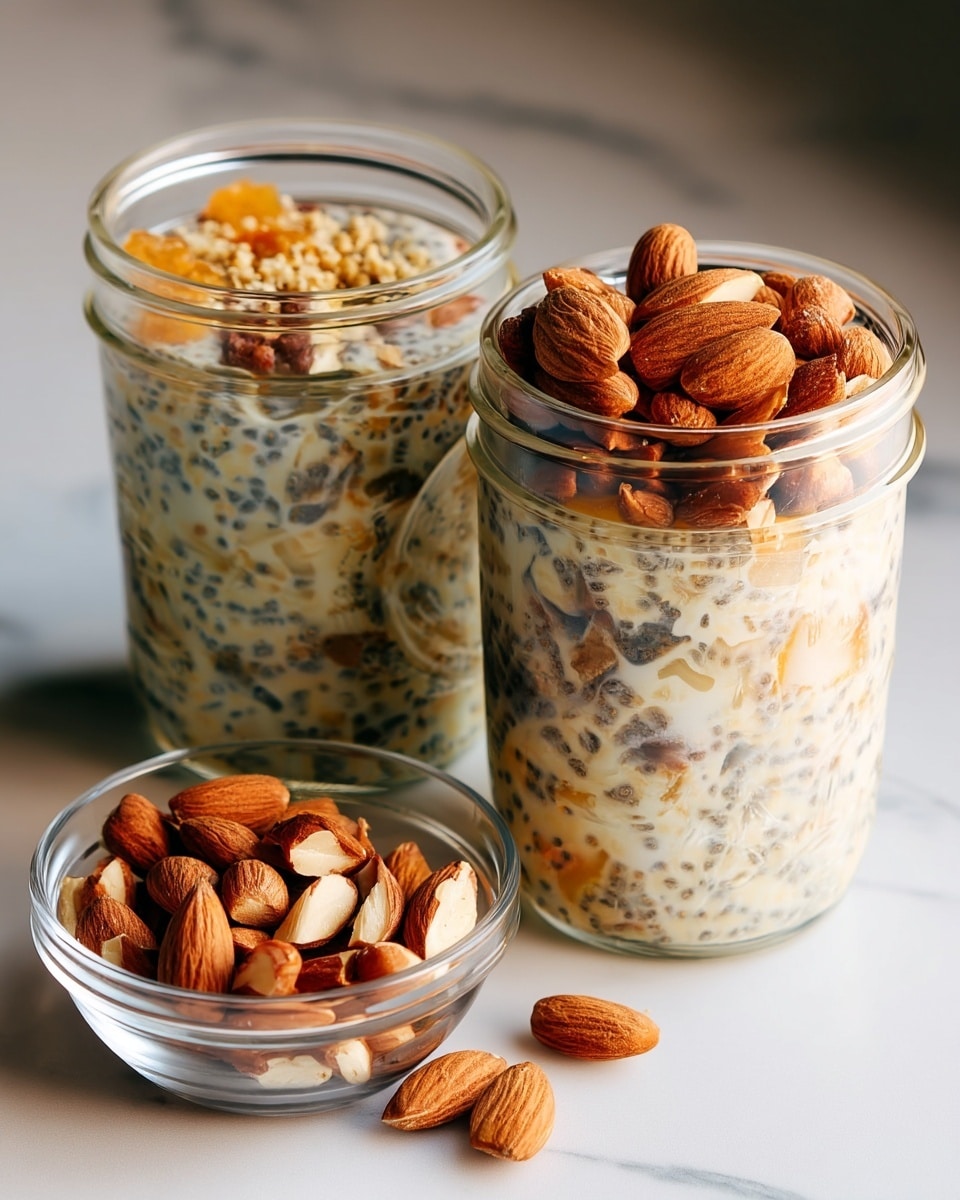 Two clear glass jars filled with three layers each hold a creamy chia pudding mixture with tiny dark chia seeds and pieces of soft orange fruit mixed in. The top layer in the jar on the right is covered with large whole almonds, showing a rough, brown textured surface, while the jar on the left has a sprinkling of crushed nuts in a light brown color on top. There is a white marbled surface underneath the jars, and a small clear bowl filled with more whole almonds is placed beside them. The lighting is soft and natural, highlighting the smooth glass and the creamy texture inside. photo taken with an iphone --ar 4:5 --v 7