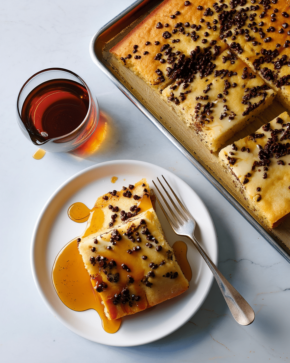 A rectangular sheet of cake cut into square pieces, with a light golden-brown top layer dotted with many small, dark chocolate chips scattered evenly across the surface; two squares are served on a white round plate showing a soft and fluffy texture with a drip of amber syrup pooling around and over the cake. Next to the plate is a small glass pitcher of syrup with droplets spilled on a white marbled surface, and a fork rests beside the cake on the plate. The baking tray holding the rest of the cake shows a slightly browned edge and a clean area where pieces have been removed. photo taken with an iphone --ar 4:5 --v 7