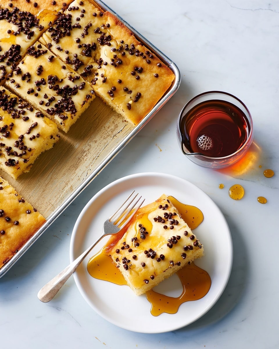 A tray of golden brown sheet cake cut into square pieces, each topped with small dark chocolate chips evenly spread across the surface; two pieces are placed on a white plate beside the tray, both covered with a light drizzle of amber syrup creating shiny streaks on the cake's soft texture; a silver fork rests on the plate, and a clear glass container filled with syrup sits nearby on a white marbled surface, with a few drops of syrup spilled beside it. photo taken with an iphone --ar 4:5 --v 7