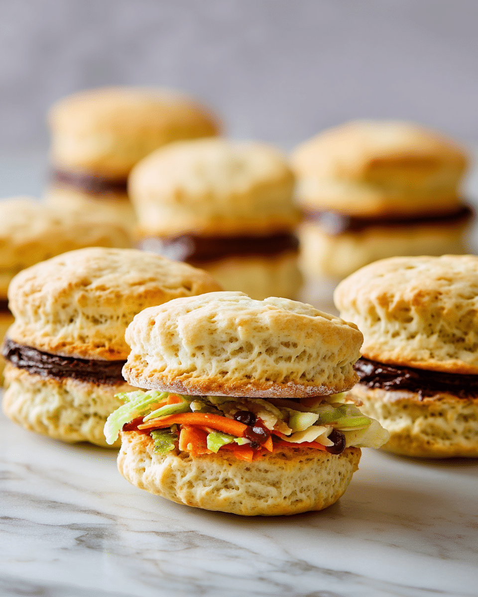 The image shows a close-up of several small biscuit sandwiches lined up horizontally on a white marbled surface. Each sandwich has two fluffy, golden-brown biscuit layers with a soft texture and some small air holes. There are two types of fillings visible: one is a dark chocolate spread with a smooth, glossy texture, and the other is a mix of fresh shredded vegetables in green, orange, and red colors, possibly lettuce and carrots, giving a crunchy look. The biscuits are slightly uneven in shape, adding a homemade feel. The background is simple with a light gray, soft-focus tone that highlights the biscuits. photo taken with an iphone --ar 4:5 --v 7