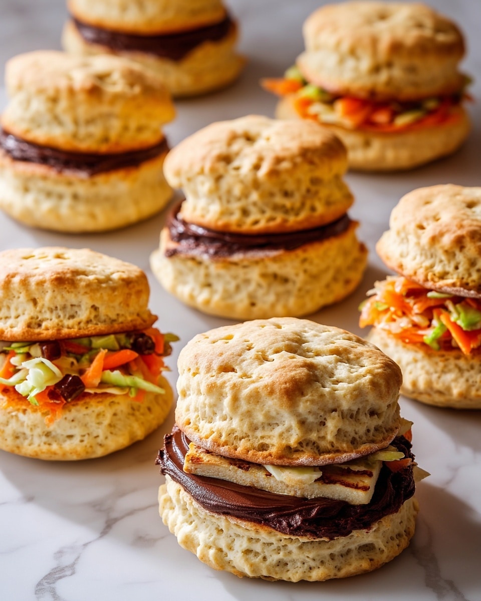This image shows several soft, golden-brown biscuit sandwiches arranged closely on a white marbled surface. The biscuit layers are fluffy and slightly cracked on top, with one type of sandwich filled with dark chocolate spread that looks smooth and thick between the two biscuit halves. Another type of sandwich has colorful layers of shredded carrots, green cabbage, and what appears to be a piece of grilled chicken or tofu, all piled inside the biscuit. Each sandwich has two biscuit layers surrounding its filling, making a total of two layers of biscuit and one layer of filling for each sandwich. The lighting highlights the texture of the biscuits and the freshness of the vegetable filling. Photo taken with an iphone --ar 4:5 --v 7