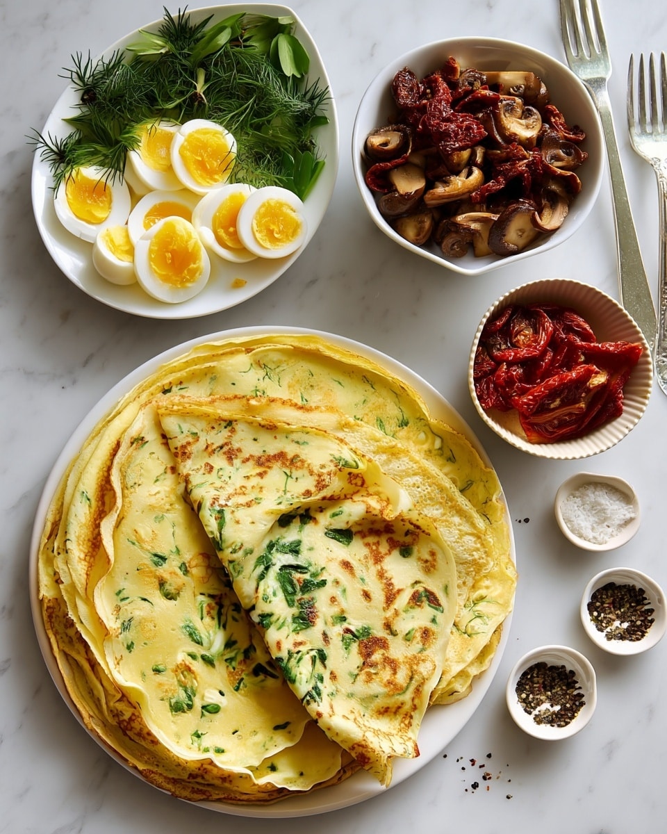 A stack of thin crepes with visible green herbs spread throughout the yellow batter sits on a white plate, with the top crepe folded in a triangle revealing its light texture and speckled green pieces. To the left, a white plate holds several slices of hard-boiled egg with bright yellow yolks, surrounded by fresh green herbs with varying leaf shapes. Above that, a white bowl contains a mix of cooked, browned mushrooms with an inviting glossy texture. To the right of the crepes, a small white bowl is filled with deep red sun-dried tomatoes that have a wrinkled and oily appearance. Three small white bowls are lined near the bottom right, each containing coarse salt, cracked black pepper, and another seasoning. Silver cutlery rests beside the tomatoes, all arranged on a white marbled surface. photo taken with an iphone --ar 4:5 --v 7