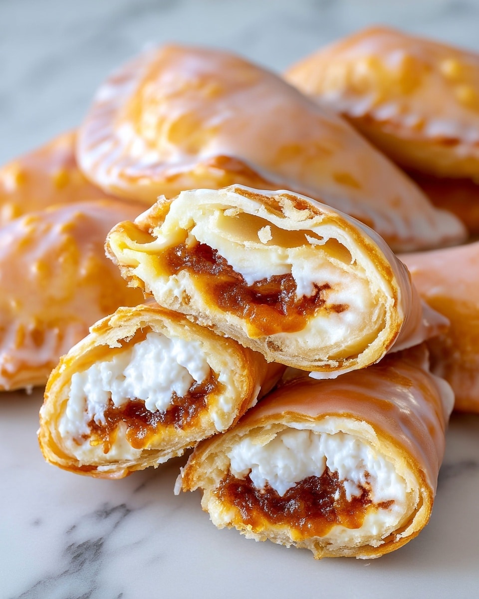 The image shows several glazed turnovers arranged on a white marbled surface, with one turnover cut in half to reveal its inside. The outer layer is a golden-brown, soft pastry covered in a shiny translucent white glaze. Inside, there is a thick white creamy layer surrounding a dark brown filling in the center. The layers inside are clearly visible, showing a soft texture, with the white cream smooth and the brown filling slightly chunky. Photo taken with an iphone --ar 4:5 --v 7