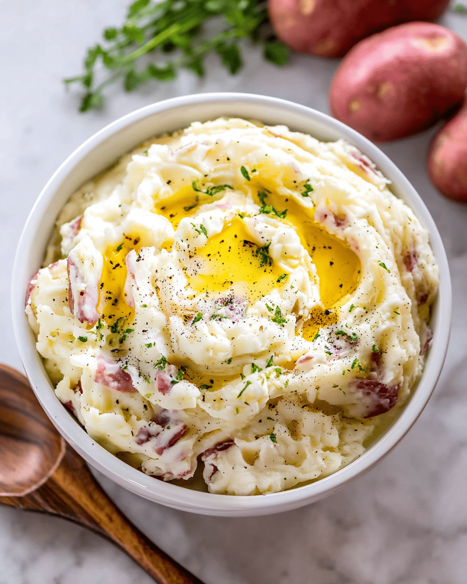 A white round bowl filled with creamy mashed potatoes, showing a textured mix with parts of red potato skins peeking through. The top layer has a swirl in the center holding melted bright yellow butter, sprinkled with black pepper and small bits of green herbs. The bowl is placed on a white marbled surface, next to a wooden spoon, and the background includes some whole red potatoes and green leafy herbs out of focus. photo taken with an iphone --ar 4:5 --v 7