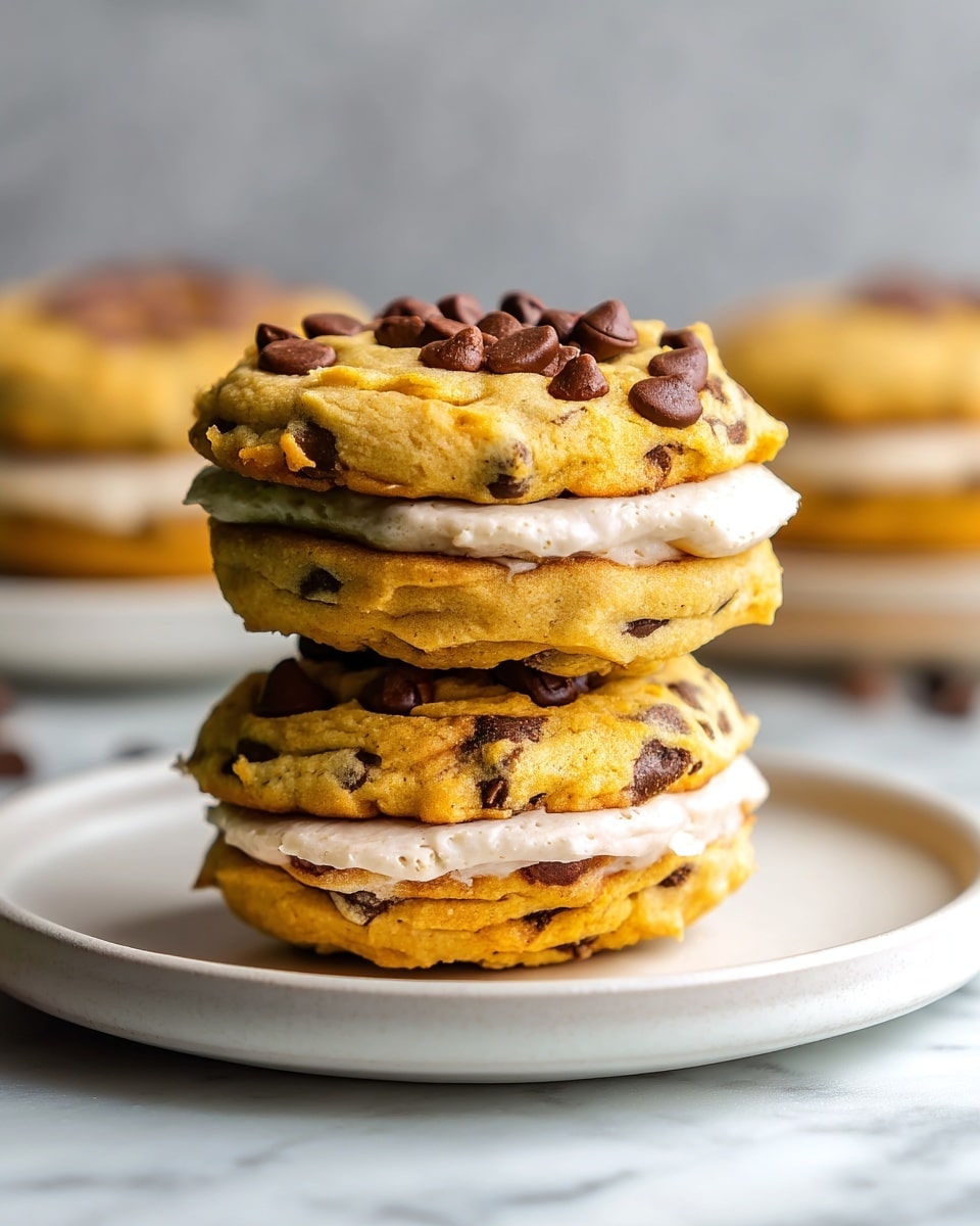 A stack of three sandwich cookies sits on a white plate with a smooth rim, placed on a white marbled surface. Each sandwich has two thick, soft-looking golden brown cookies dotted with melted chocolate chips that create a slightly bumpy texture on top. Between each cookie pair is a creamy, light beige filling that looks smooth and thick but not too firm. The chocolate chips on the top cookies are slightly raised, giving a rich texture contrast to the soft cookies. The background is softly blurred with a neutral gray tone, drawing full focus to the detailed cookie sandwich stack. photo taken with an iphone --ar 4:5 --v 7