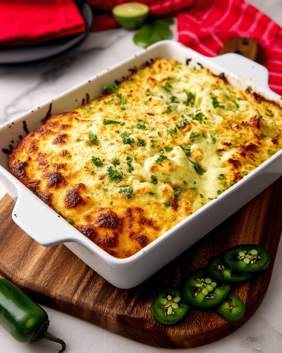 The image shows a white baking dish filled with a baked dish that has a golden-brown cheesy top layer sprinkled with green chopped herbs. The surface of the dish is uneven with melted cheese browned in spots, giving it a crispy texture. The baking dish sits on a wooden board next to some sliced green jalapeño peppers and a whole jalapeño. In the background, there is a white marbled surface with a red cloth and a black plate partially visible. Photo taken with an iphone --ar 4:5 --v 7