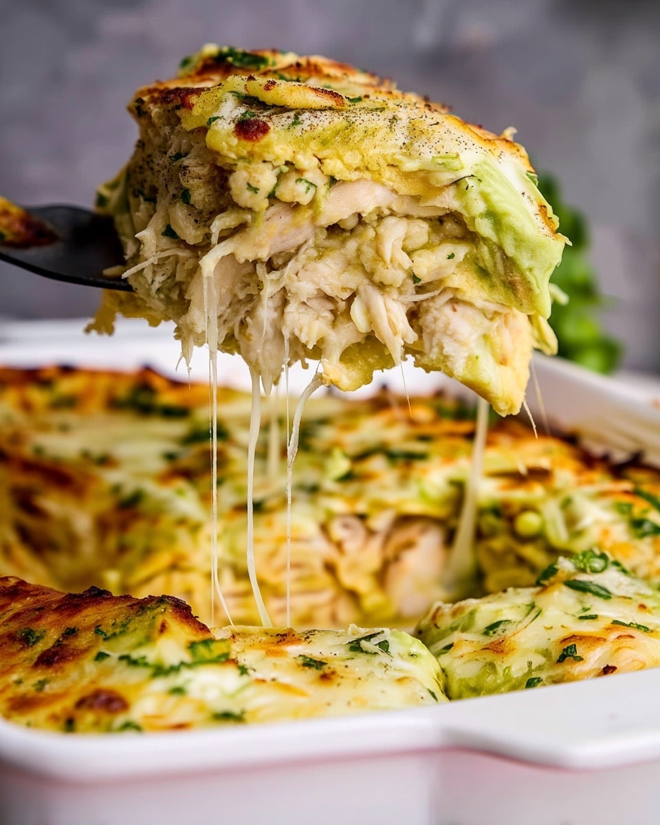 A close-up of a thick slice of baked dish being lifted from a white baking dish, showing three layers: a creamy golden-brown top layer with green herbs sprinkled, a middle layer of light green sauce with a smooth texture, and a bottom layer of shredded light beige chicken mixed with melted cheese that stretches in strands as the slice is lifted. The baked dish itself in the background has a golden, slightly browned top with small green herb bits, resting on a white marbled surface. Photo taken with an iphone --ar 4:5 --v 7
