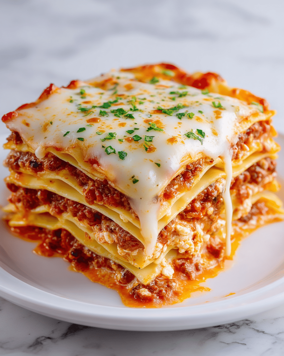 Two thick slices of lasagna sit on a white plate with a white marbled surface below. Each piece shows multiple layers: the bottom layers are soft yellow pasta sheets, followed by reddish-brown seasoned meat sauce, creamy white ricotta cheese, and a vibrant red tomato sauce. The top is covered with a smooth, melted layer of light golden cheese sprinkled with small green herb bits. The edges of the lasagna are slightly browned, and the cheese stretches over the sides, giving a rich, gooey look. Photo taken with an iphone --ar 4:5 --v 7