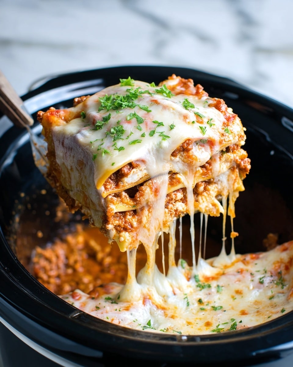 A close-up view of a thick slice of lasagna being lifted with a spatula inside a black slow cooker. The lasagna has four visible layers of pasta sheets with a rich meat sauce mixed with ricotta cheese in between, topped with a thick layer of melted, creamy cheese that stretches as the piece is lifted. The top is garnished with small bits of fresh green parsley, adding a pop of color. The background and surface are a clean white marbled texture photo taken with an iphone --ar 4:5 --v 7