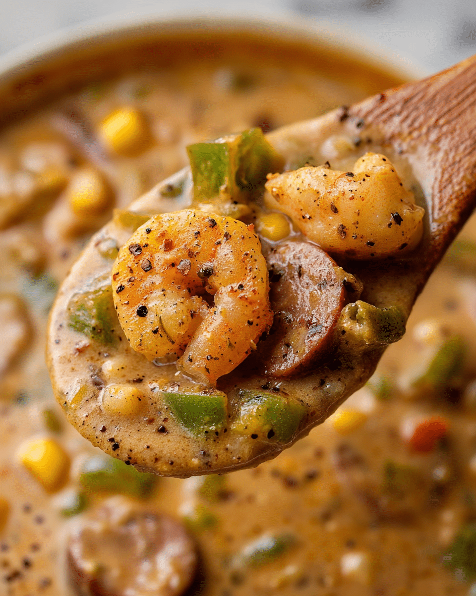 A close-up view of a wooden spoon holding a rich creamy seafood gumbo layer, showing a mix of light brown shrimp with a hint of orange, pieces of green bell pepper, small chunks of beige corn, and slices of dark brown sausage. The creamy sauce is a warm tan color with a smooth texture, speckled with black pepper and reddish seasoning, swirling around the spoon over a white marbled surface. The spoon's flat tip is covered in the thick sauce, and the spices add a textured look to the dish. photo taken with an iphone --ar 4:5 --v 7