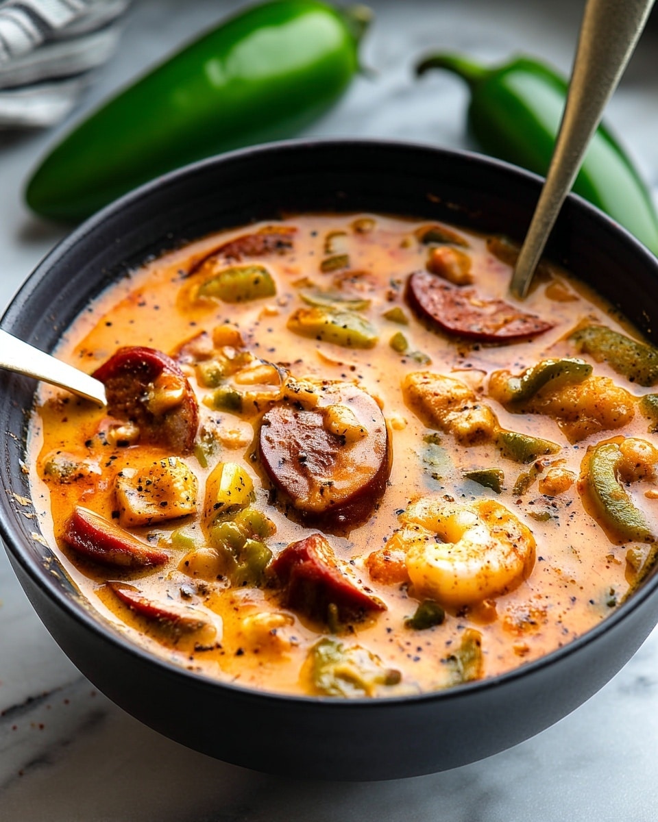 A close-up of a black bowl filled with creamy seafood and sausage stew, showing a rich light brown broth with visible specks of black pepper. Inside the stew, there are multiple thick slices of reddish-brown sausage, chunky green bell peppers, white shrimp with a slight orange seasoning, and small pieces of creamy white seafood or vegetables. A silver spoon stands upright in the bowl, and in the blurred background, two green jalapeños lie on a white marbled texture. The overall look is warm, hearty, and spicy. Photo taken with an iphone --ar 4:5 --v 7