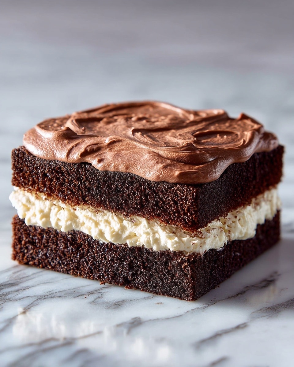 A square chocolate cake with two dark brown layers of moist chocolate sponge on the top and bottom. Between these layers, there is a thick, creamy white filling. The top layer is covered with a rich, smooth chocolate frosting that has a swirled texture. The cake sits on a white marbled surface with soft lighting highlighting the texture of the frosting and cream. photo taken with an iphone --ar 4:5 --v 7