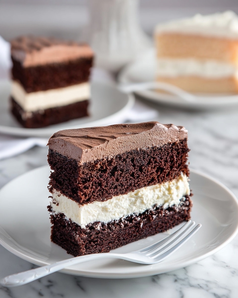 A close-up of a three-layer cake slice on a white plate with a white fork beside it, set on a white marbled surface. The bottom and top layers are dark chocolate cake with a soft, moist texture, while the middle layer is a thick, smooth cream that is off-white in color. The top layer of the cake is covered with light brown chocolate frosting that looks fluffy and slightly shiny with some visible swirls. In the blurred background, there is another white plate with two cake slices, one with a white frosting middle layer and the other with a light brown frosting top layer. photo taken with an iphone --ar 4:5 --v 7