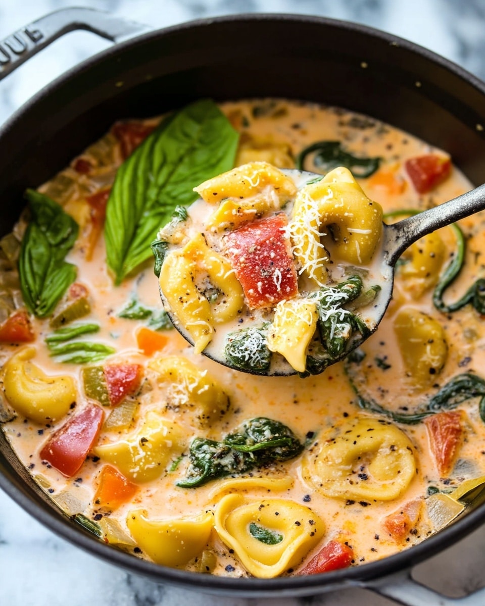 A close-up of a black pan filled with creamy tortellini soup, showing about three layers: the tortellini pasta with a soft yellow color, mixed with bright green spinach leaves and chunks of red tomatoes. The creamy soup base is light orange with specks of black pepper and herbs scattered throughout. The center shows a ladle lifting a generous scoop of the soup, highlighting the thick, creamy texture with visible grated cheese on top, and pieces of celery and carrot adding light green and orange hues. Fresh basil leaves rest on the soup surface as garnish. The scene is set on a white marbled texture. Photo taken with an iphone --ar 4:5 --v 7
