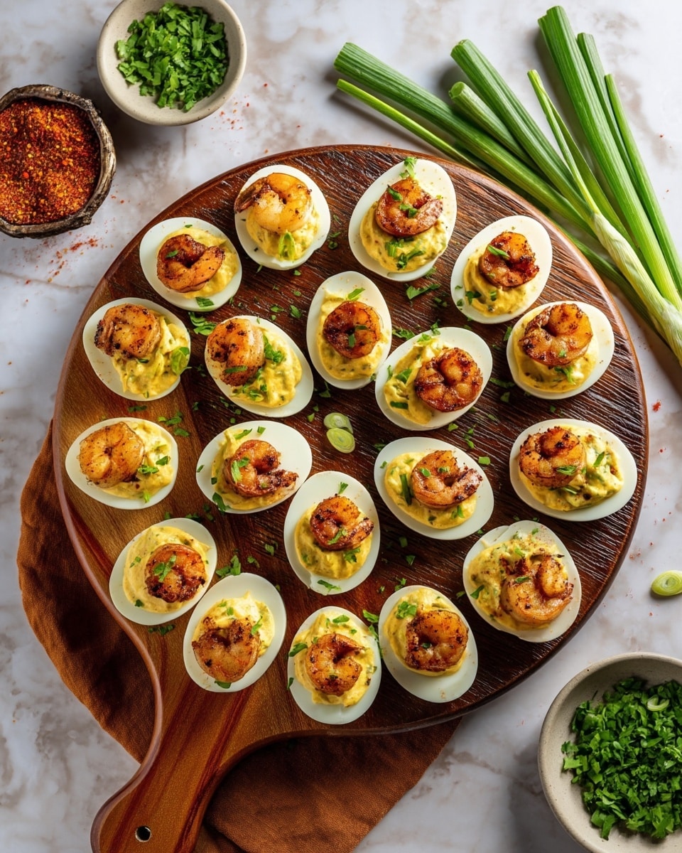 A round wooden board holds 24 deviled eggs arranged in a circle. Each deviled egg has three layers: a smooth white egg white base, a creamy yellow filling mixed with small green herbs in the middle, and a grilled shrimp with a golden brown color and slight char marks on top. Small green herb pieces are scattered over the eggs and board. Around the board are green onions on a white marbled surface, a small bowl with red spice to the top left, and two white bowls with chopped green herbs and extra grilled shrimp. A brown cloth napkin is draped partially under the board. Photo taken with an iphone --ar 4:5 --v 7
