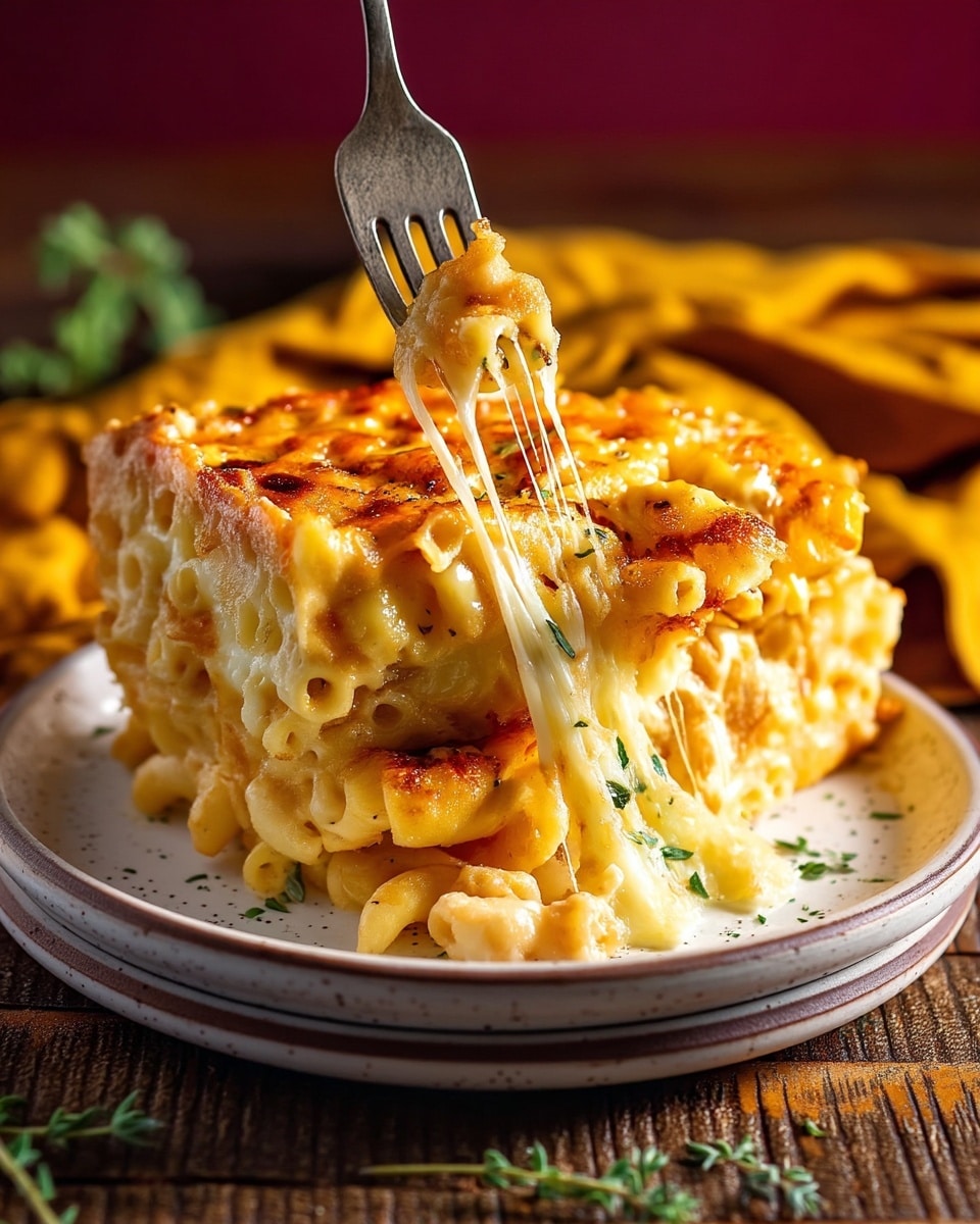 A thick slice of baked macaroni and cheese sits stacked on a white plate with a speckled rim, showing two layers of tender pasta covered in a golden, bubbly cheese crust topped with small herbs. The top layer is browned with melted cheese spots, while gooey cheese strings stretch down to a fork pulling the front edge. The white plate is on a rustic dark wooden table with a rich mustard cloth blurred in the background. photo taken with an iphone --ar 4:5 --v 7