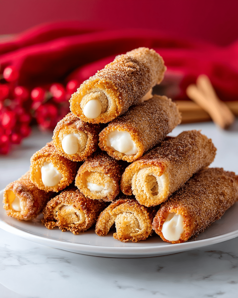 The image shows a white plate stacked with ten rolled pastries covered in a light brown cinnamon sugar coating. Each roll has a crunchy texture on the outside with a golden-brown color and some show a white creamy filling peeking out from the hollow centers. The rolls are neatly stacked in a triangular pile with some laying flat while others rest on top at different angles. In the background, there is a red cloth and cinnamon sticks blurred softly on a white marbled surface. photo taken with an iphone --ar 4:5 --v 7
