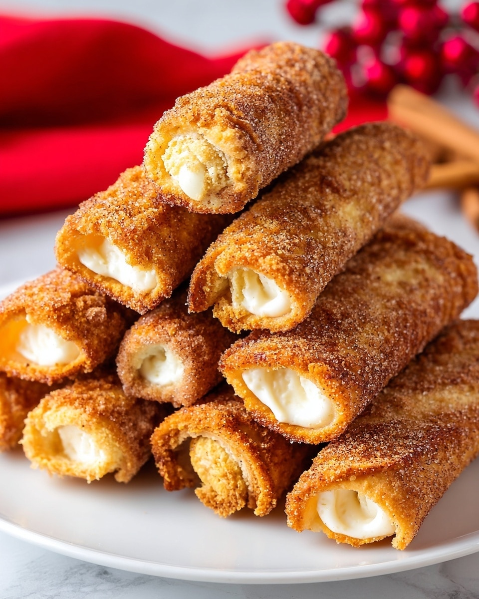 A pile of golden brown rolled toast sticks are stacked closely on a white plate, each stick coated with a grainy layer of cinnamon sugar, giving them a rough, crumbly texture. Inside some of the toast rolls, a smooth, creamy white filling is visible, peeking out from the hollow centers. The edges of the toast sticks are slightly crisp and darker than the inner bread, showing a toasted, crunchy texture. In the blurred white marbled background, light brown cinnamon sticks and a bright red cloth provide a warm and inviting contrast. Photo taken with an iphone --ar 4:5 --v 7