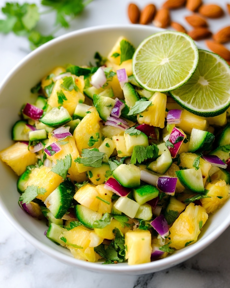 A close-up image of a fresh pineapple salsa in a white bowl, showing chunky yellow pineapple pieces mixed with small diced green cucumber, purple-red onion, and green cilantro leaves scattered throughout. Three lime wedges with bright green rinds and pale green interiors sit on top near the edge of the bowl. The bowl is placed on a white marbled surface, with some sliced almonds blurred in the background on the right. The salsa looks colorful, fresh, and vibrant. photo taken with an iphone --ar 4:5 --v 7
