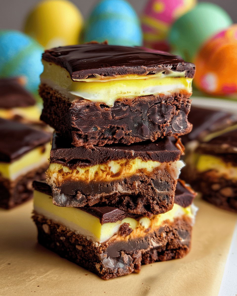 The image shows several square dessert bars stacked on a beige surface. Each bar has four distinct layers: the bottom layer is a dark brown dense brownie with chocolate chunks, above it is a yellowish creamy layer, followed by a thin lighter cream layer, and the top is a smooth, thick dark chocolate layer. The texture of the brownie looks moist and fudgy, while the yellow and cream layers are smooth and soft. The background has blurred colorful Easter-themed decorations and eggs. photo taken with an iphone --ar 4:5 --v 7