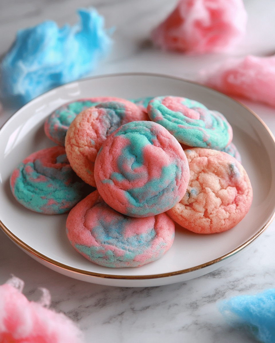 A close-up view of round cookies piled on a white plate with swirls of pink and blue colors blending together on each cookie's soft, smooth surface. The cookies have a slightly cracked texture, showing a fresh and soft inside. Around the plate, pieces of pink and blue cotton candy add a fluffy, airy look. The scene is set on a white marbled surface, enhancing the bright colors of the cookies and cotton candy. photo taken with an iphone --ar 4:5 --v 7
