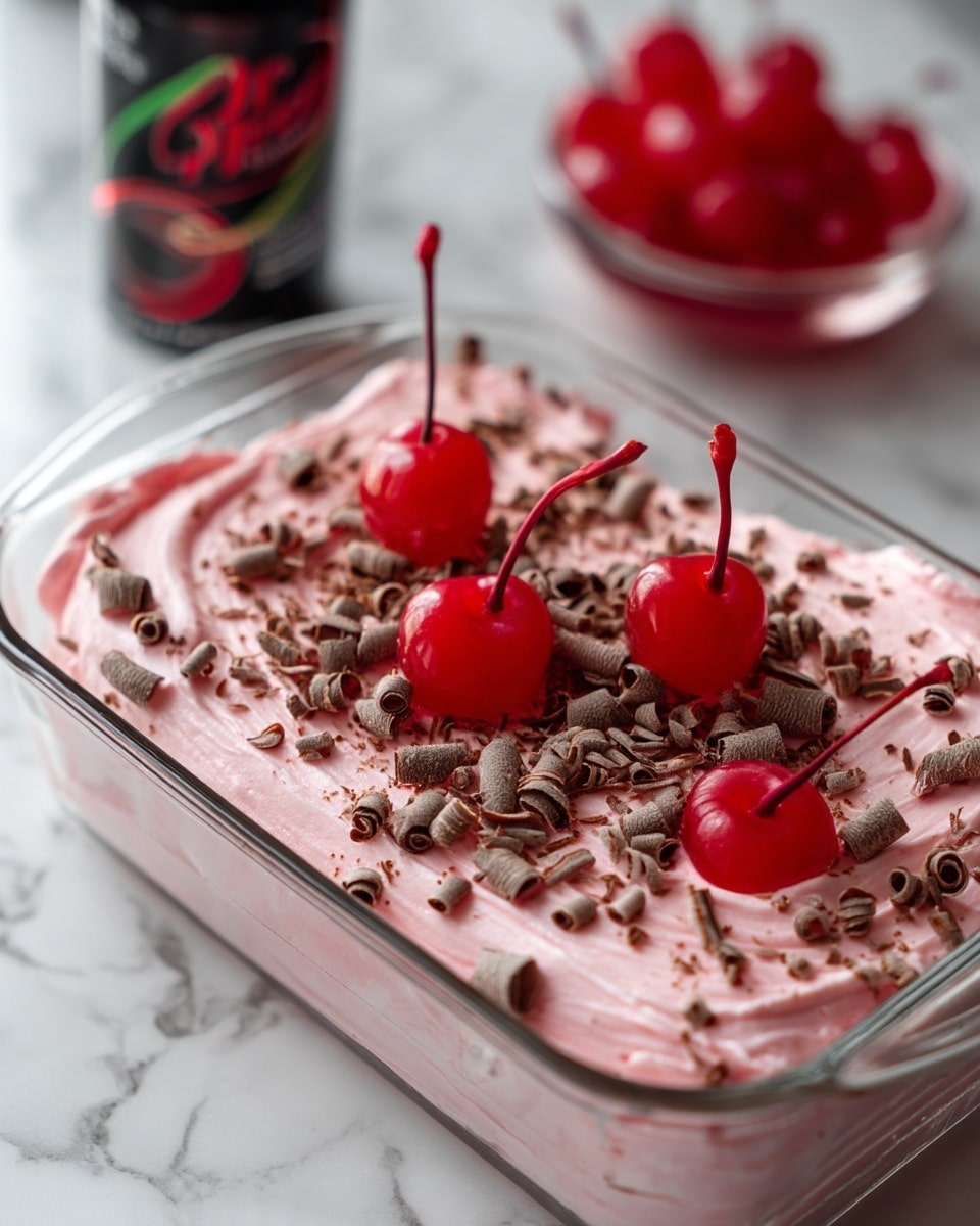 A close-up of a dessert in a clear glass dish shows three bright red cherries with stems on top of a thick layer of light pink creamy frosting, which is sprinkled evenly with small, curly chocolate shavings. The dish sits on a white marbled surface, and in the top left corner, there is a partial view of a black can with red and green design, and in the top right corner, a small glass bowl filled with more red cherries is slightly out of focus. The texture of the frosting looks smooth and fluffy, while the chocolate curls add a fine roughness to the surface. photo taken with an iphone --ar 4:5 --v 7
