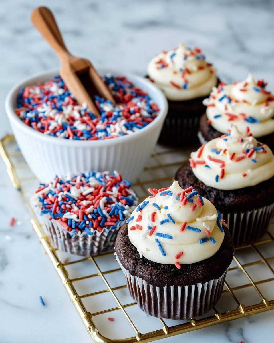 The image shows several chocolate cupcakes with two layers each: the bottom layer is dark brown, soft chocolate cake in a white liner, and the top layer is creamy white frosting swirled thickly in a spiral shape. Red, white, and blue long sprinkles are sprinkled all over the frosting, giving a colorful touch. Next to the cupcakes is a white bowl filled with the same colored sprinkles, with a small wooden scoop in the bowl. All the items are placed on a gold wire rack over a white marbled surface. Photo taken with an iphone --ar 4:5 --v 7