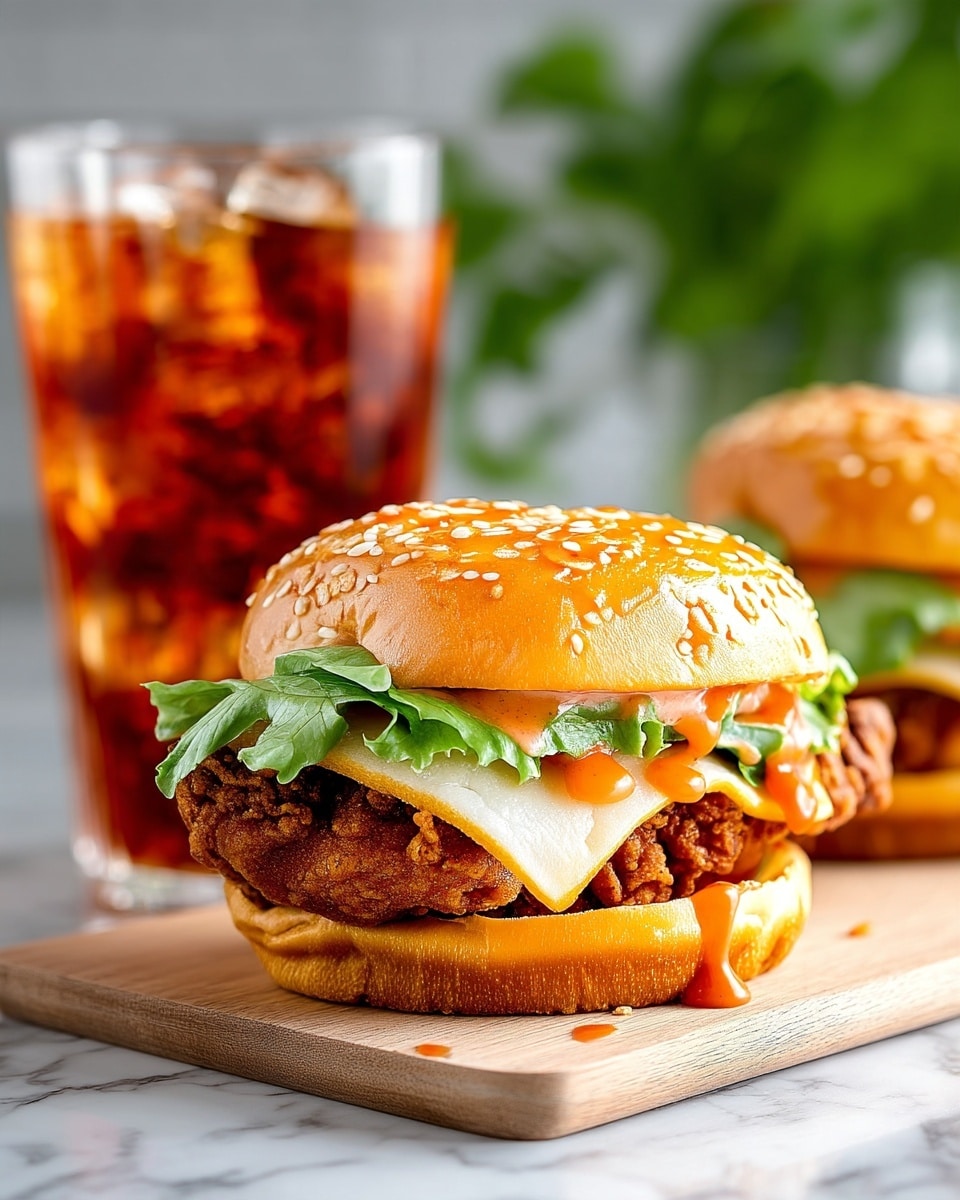 A close-up view of a fried chicken sandwich resting on a light wooden board, showing its three main layers: a golden sesame seed bun on top covered with small white sesame seeds, a layer of light green leafy lettuce beneath the bun, followed by a slice of melted white cheese, and a thick, crispy, dark brown fried chicken fillet as the base, with a drizzle of orange sauce slightly dripping down the side. In the blurred background, there is a tall glass filled with a dark amber drink and ice, and some greens, all set against a white marbled surface. photo taken with an iphone --ar 4:5 --v 7