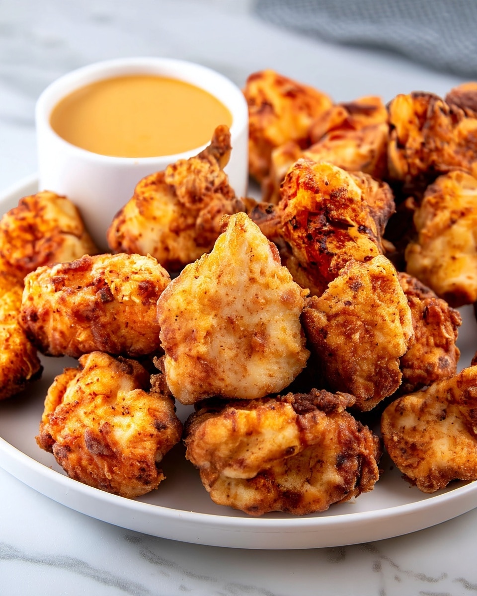 A white plate filled with golden-brown fried chicken nuggets, each nugget having a rough, crispy coating with darker specks of seasoning. The nuggets are piled high on the plate in no specific order, showing different shapes and sizes. At the back of the plate, there is a small white cup filled with smooth, light-orange dipping sauce. The plate is set on a white marbled surface with soft natural light, making the textures of the crispy nuggets stand out clearly. photo taken with an iphone --ar 4:5 --v 7
