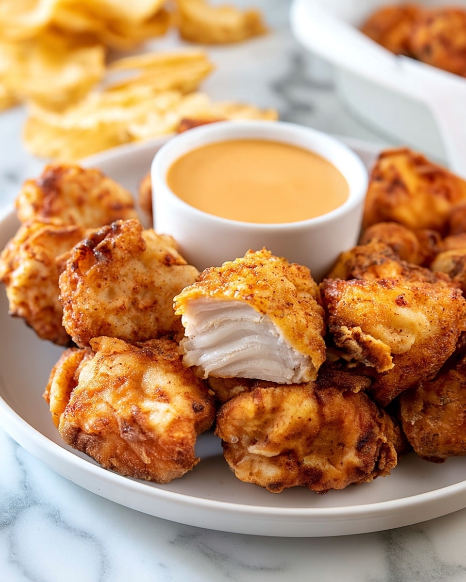 A white plate filled with many pieces of golden-brown fried chicken nuggets with a crispy texture, one nugget is cut in half showing white, juicy inside meat layers. At the back of the nuggets, a white small round bowl holds a light orange creamy dipping sauce. The background is a white marbled surface with some potato chips and more fried chicken pieces slightly blurred. photo taken with an iphone --ar 4:5 --v 7
