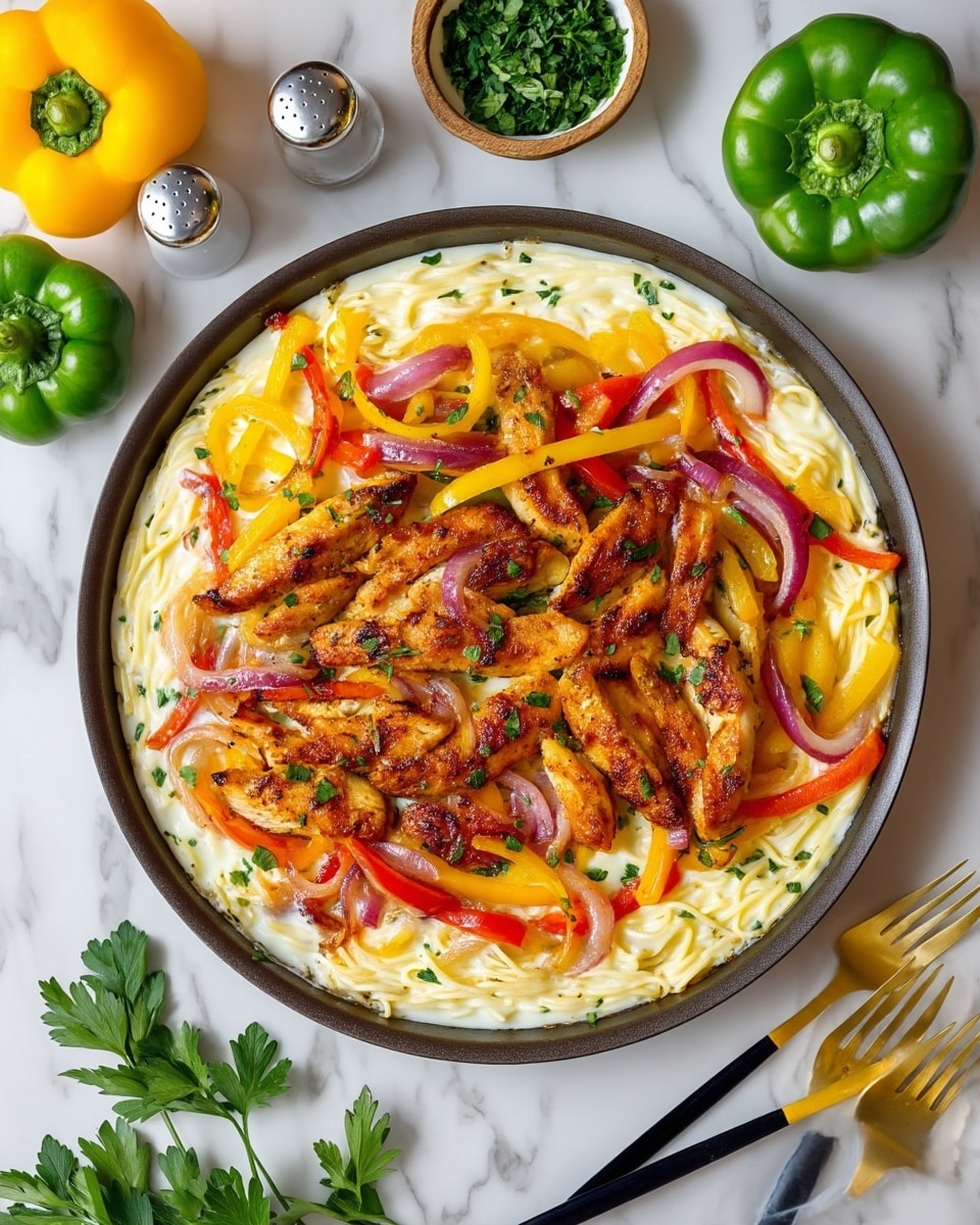 In a white pan, there is a creamy pasta base that covers the bottom layer with smooth, light beige sauce and tender noodles. On top of the pasta, there are sautéed strips of bell peppers in red, yellow, and green colors mixed with thin slices of soft red onions, adding a pop of color and texture around the edges. The top layer features several pieces of golden-brown grilled chicken tenders, seasoned and cooked to have a slight crisp outside, sprinkled with small green parsley pieces for fresh color. The pan sits on a white marbled surface with a wooden-handled pan grip visible on the right side. Photo taken with an iphone --ar 4:5 --v 7