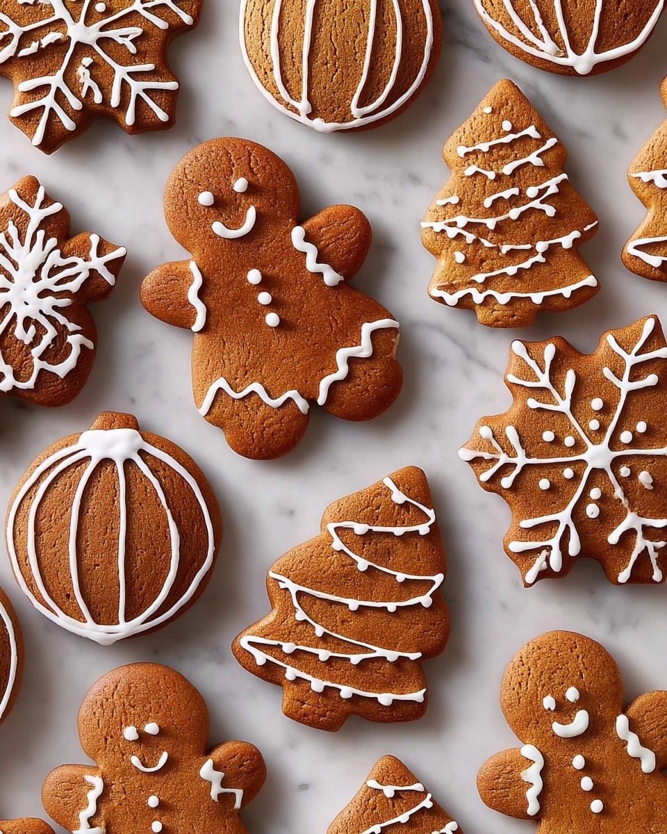 A group of gingerbread cookies with white icing decorations lie closely together on a white marbled surface. The cookies are shaped as gingerbread people with smiling faces and buttons, Christmas trees with garland-like icing, round ornaments with radial stripes, and large snowflakes with intricate branch patterns. Each cookie is golden brown with a slightly rough texture, and the white icing neatly outlines and decorates the shapes with smooth, thin lines and dots. The overall look is festive and warm, with diverse shapes filling the frame evenly. Photo taken with an iphone --ar 4:5 --v 7