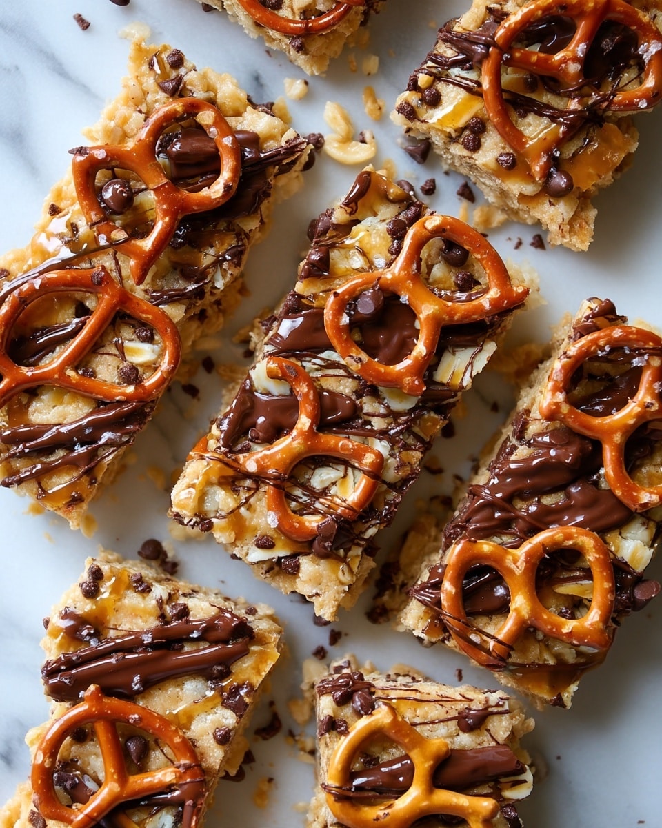 The image shows several broken pieces of a baked snack bar on a white marbled surface. Each piece has a light golden-brown base with visible small chocolate chips embedded throughout. On top of the base, there are whole shiny pretzels with a reddish-brown color, and a drizzle of dark melted chocolate flows irregularly across the pieces. A sticky caramel layer adds a glossy texture and deeper amber hue over parts of the bar. The snack bars have a rough, crumbly surface with a mixture of smooth melted chocolate and crunchy pretzels scattered unevenly. Photo taken with an iphone --ar 4:5 --v 7